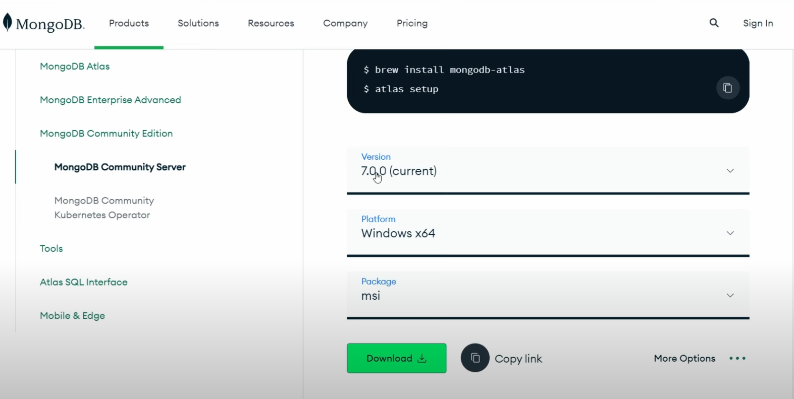 MongoDB Community Edition Download Page
